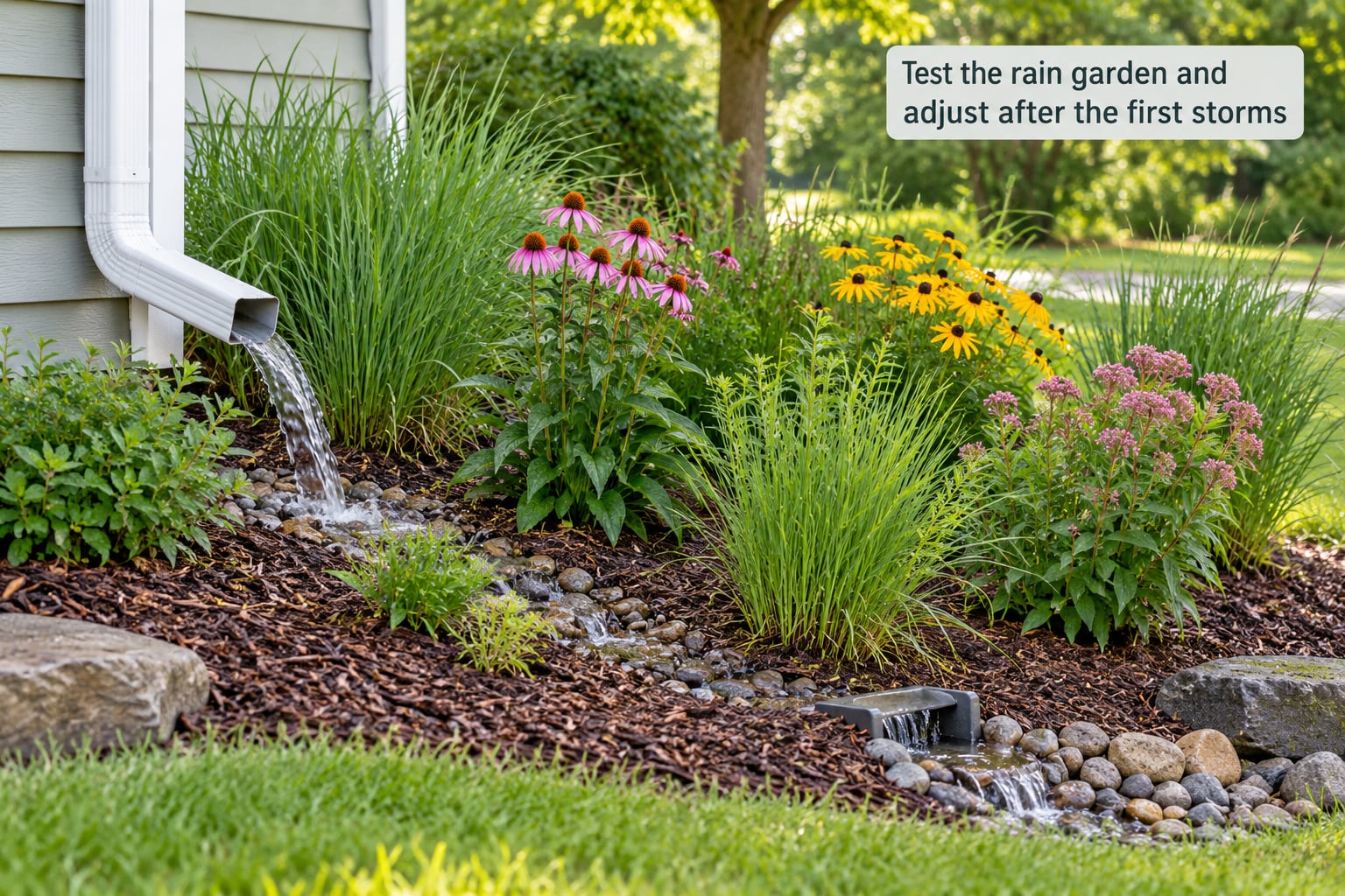 Test the rain garden and adjust after the first storms