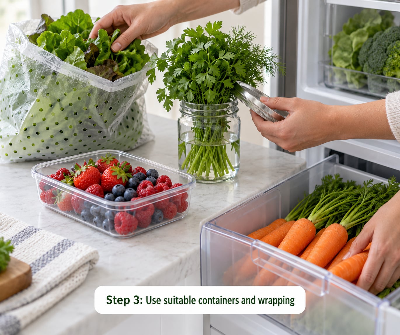 Step 3: Use suitable containers and wrapping