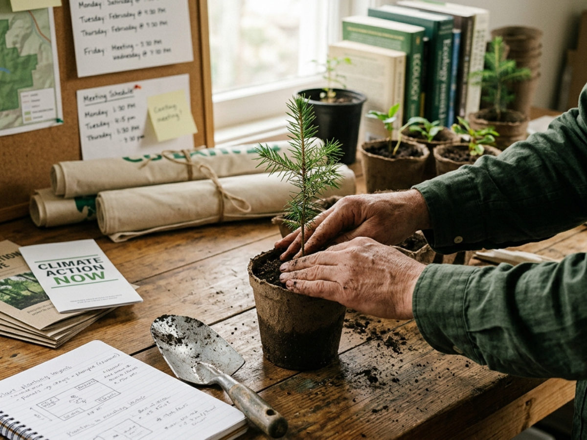 Everyday sustainable habits — cycling, solar panels and shared green space